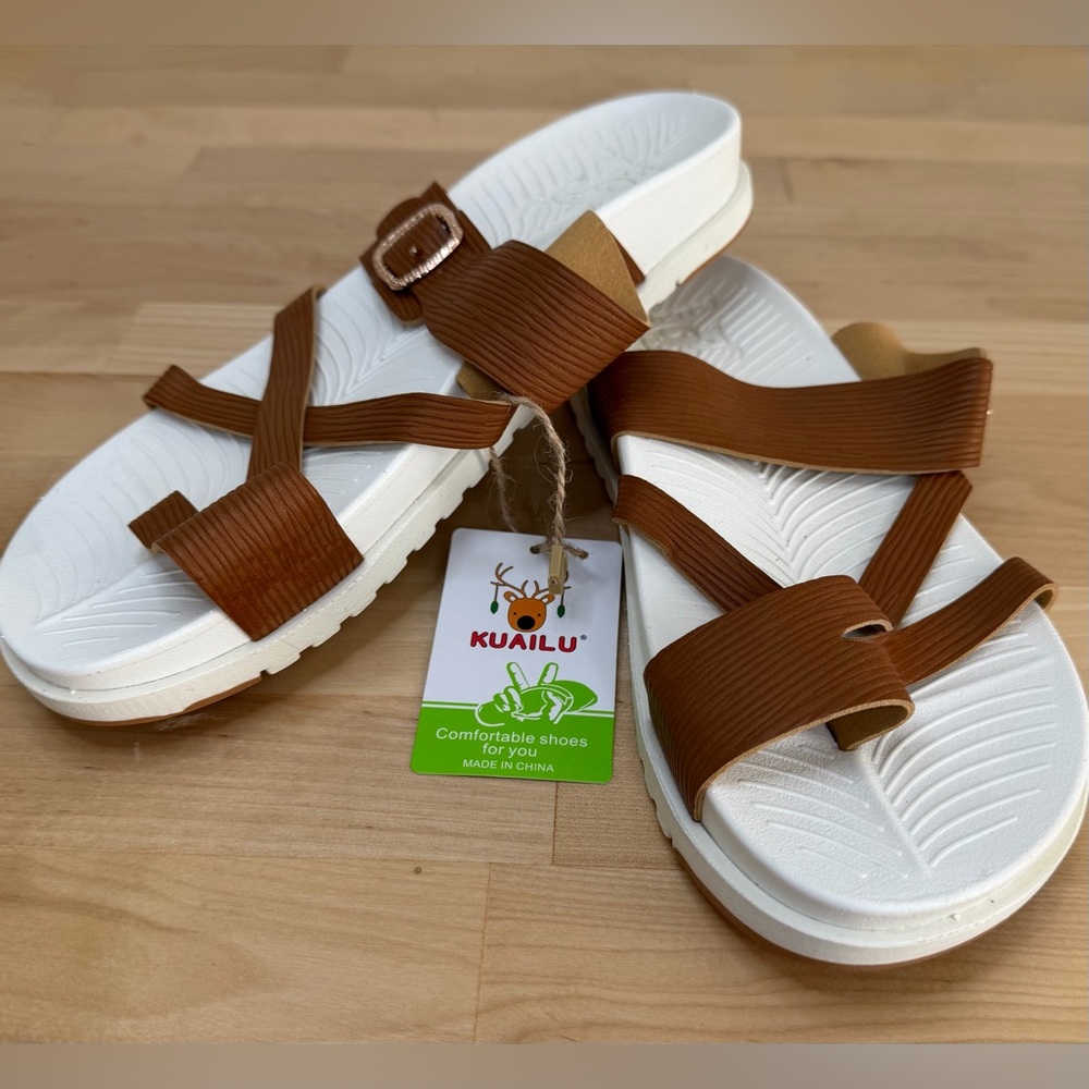 Kuailu Comfort Sandals Size 7 Tan White Cushioned Footbed Adjustable